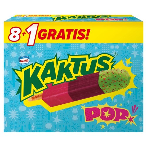 Lody wodne o smaku malinowym i jagodowym z polewą o smaku gumy balonowej   Kaktus 9 x 45 ml